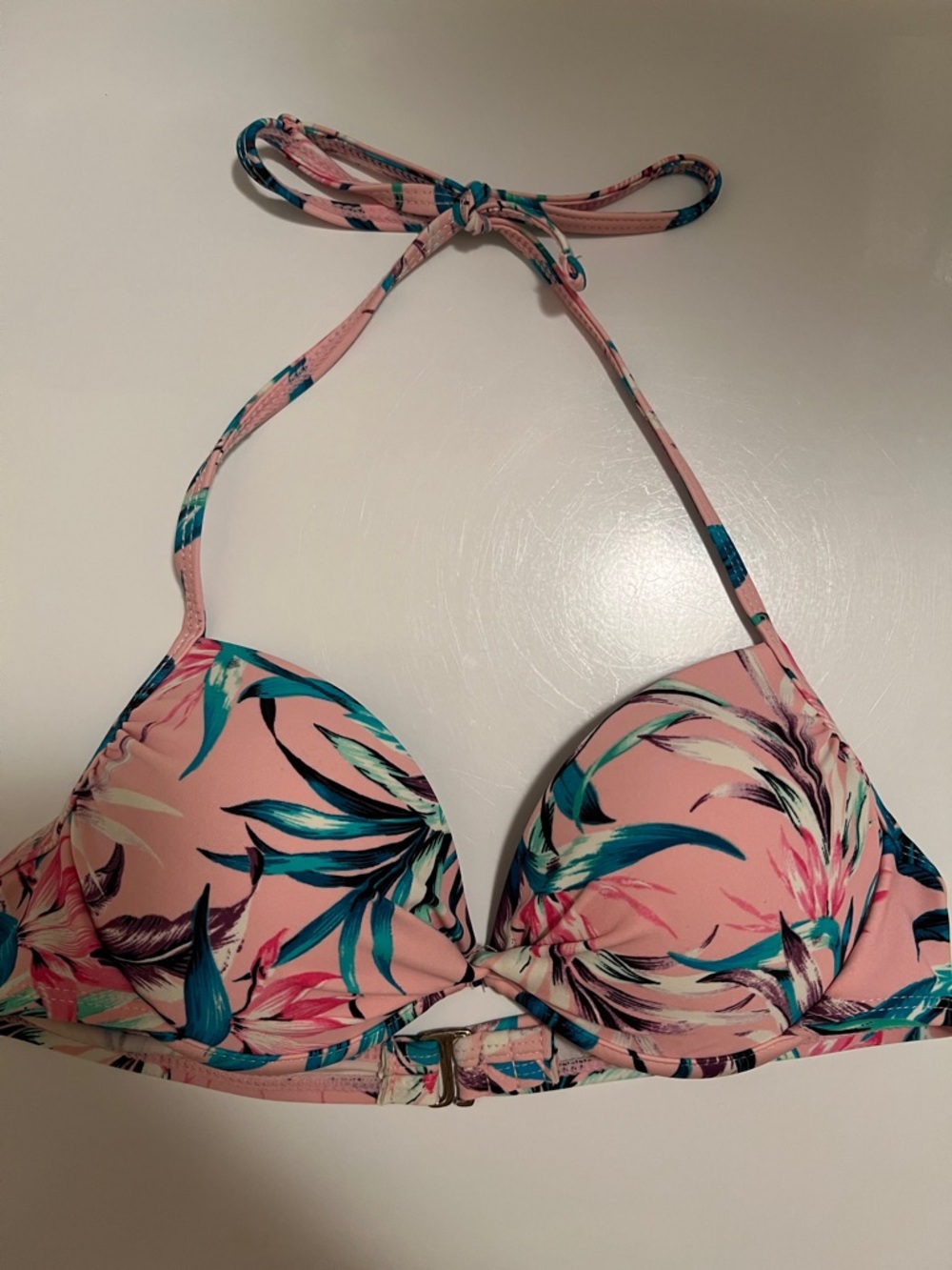 Pink Tropical Print Halter Padded Bikini Top